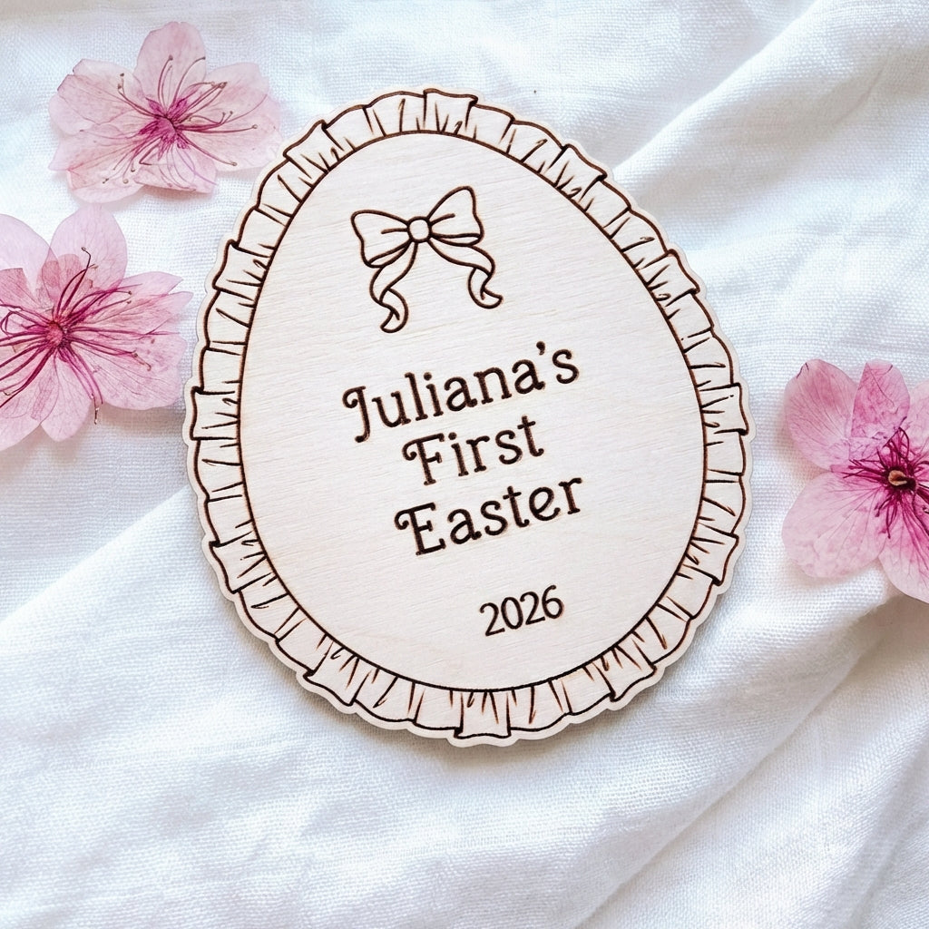 Personalized Baby's First Easter Milestone Disc - Ruffled Egg with Bow