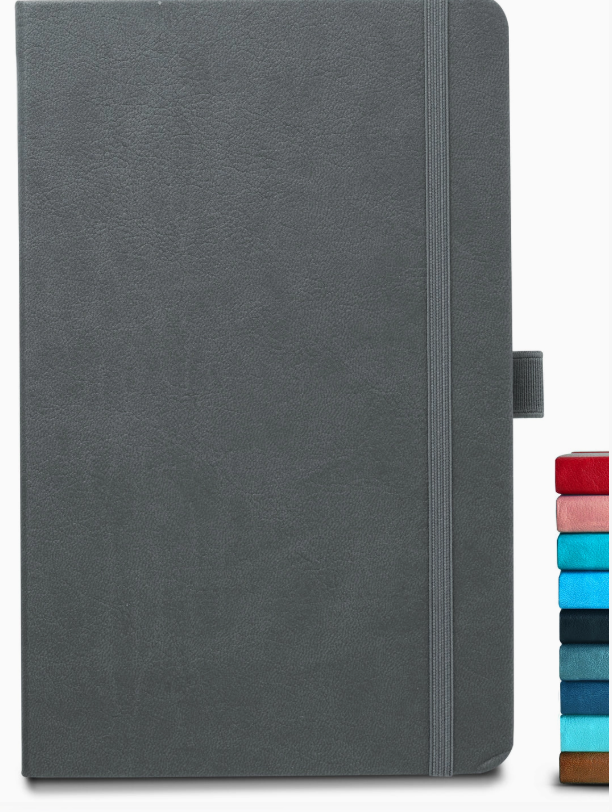 Grey personalized A5 vegan leather notebook with elastic closure band and pen loop