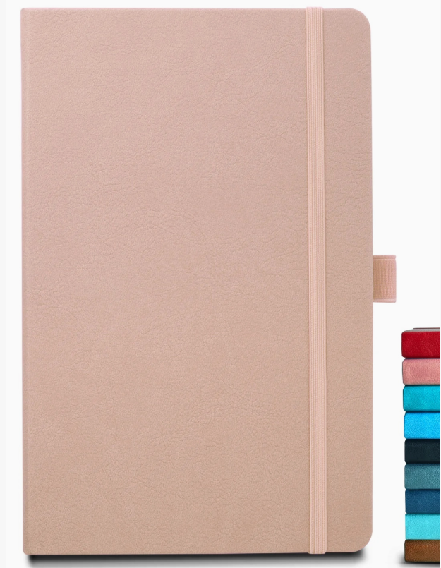Blush pink personalized A5 vegan leather notebook with elastic closure band and pen loop
