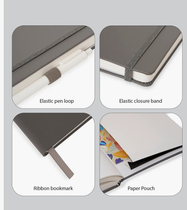 Close-up features of an A5 vegan leather notebook: elastic pen loop, closure band, ribbon bookmark and expandable paper pocket