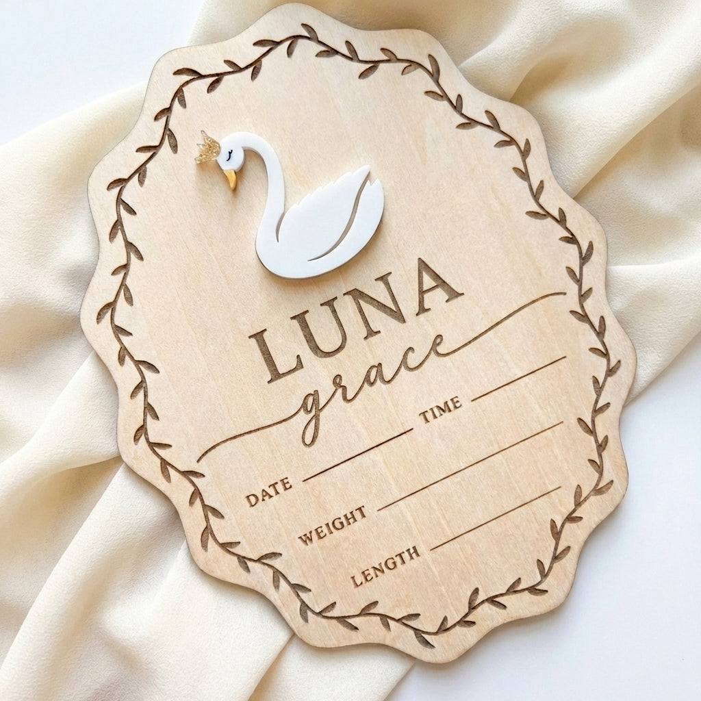 Personalized Wooden Swan Birth Announcement Sign – Scalloped Baby Name & Stats Keepsake