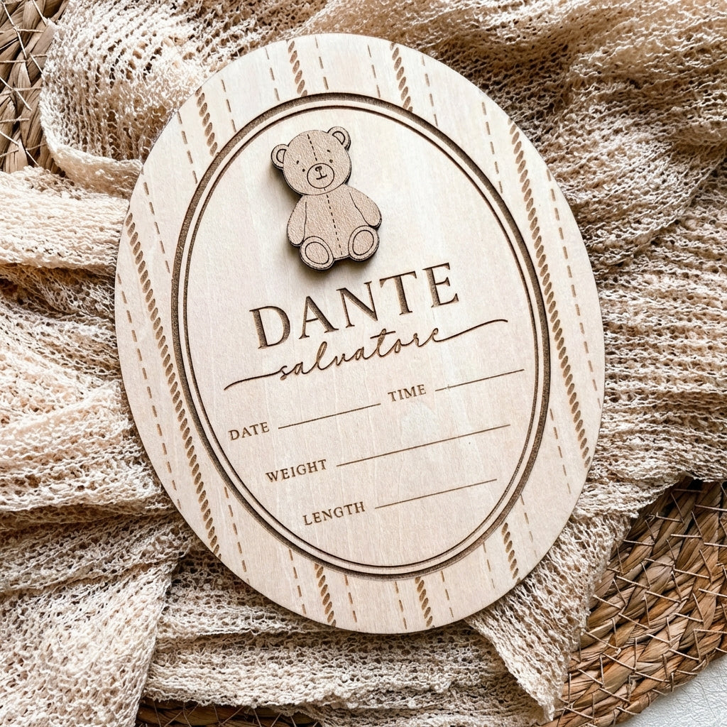 Personalized Wooden Birth Announcement Sign with 3D Teddy Bear – Custom Baby Name & Stats Keepsake