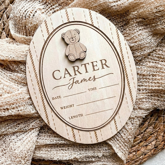 Personalized Wooden Birth Announcement Sign with 3D Teddy Bear – Custom Baby Name & Stats Keepsake