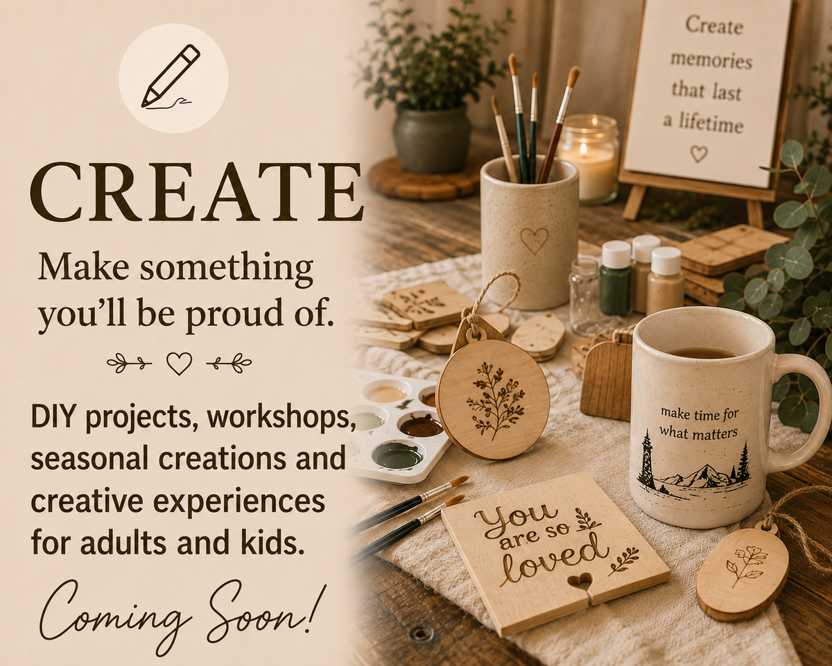 CREATE workshops and DIY projects by Silver Lining Creations NL in Conception Bay South, Newfoundland, featuring a cozy craft table with wooden projects, paint supplies and personalized gifts.