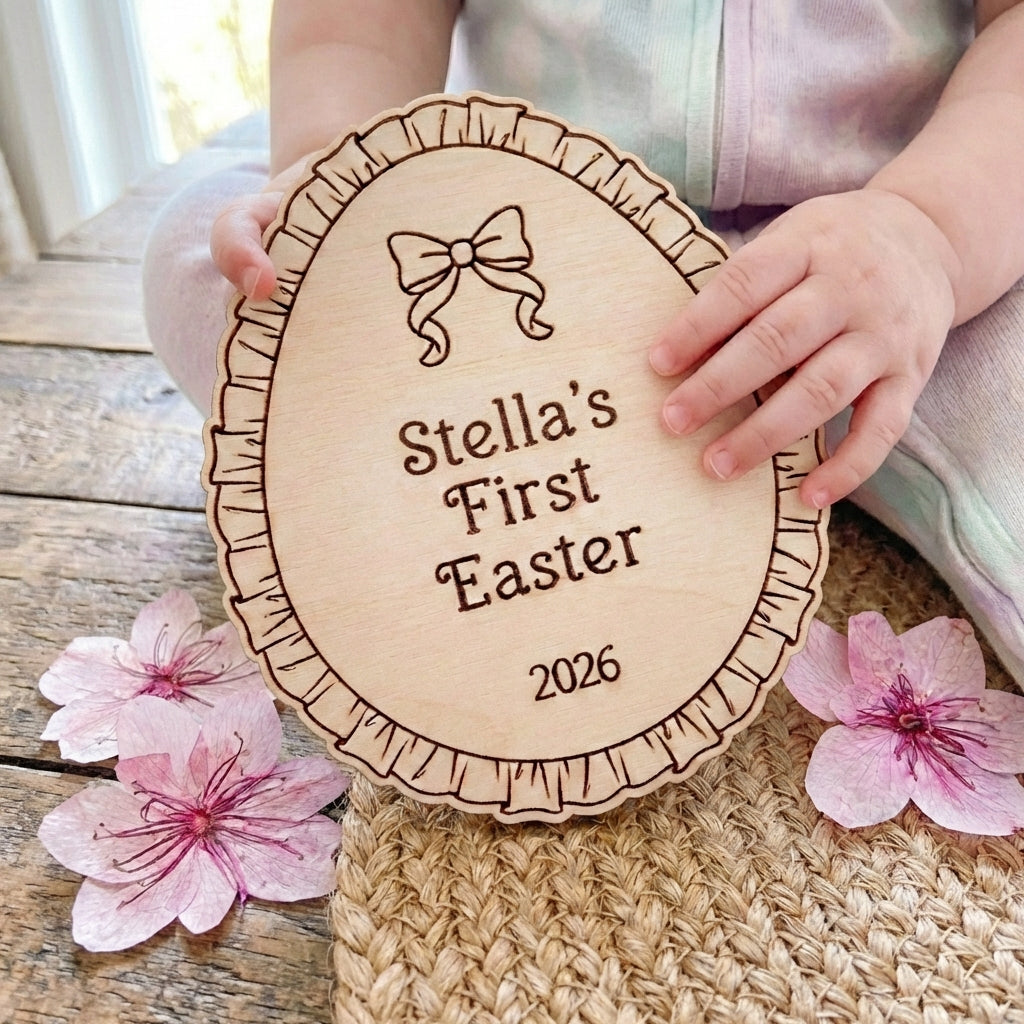 Personalized Baby's First Easter Milestone Disc - Ruffled Egg with Bow