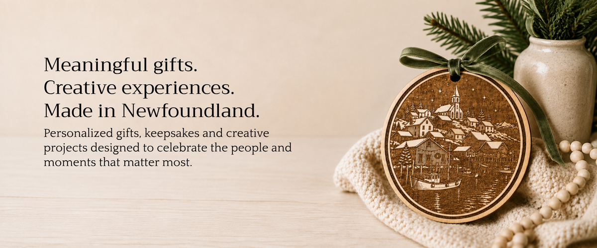 Engraved Newfoundland Christmas ornament with coastal village design by Silver Lining Creations NL