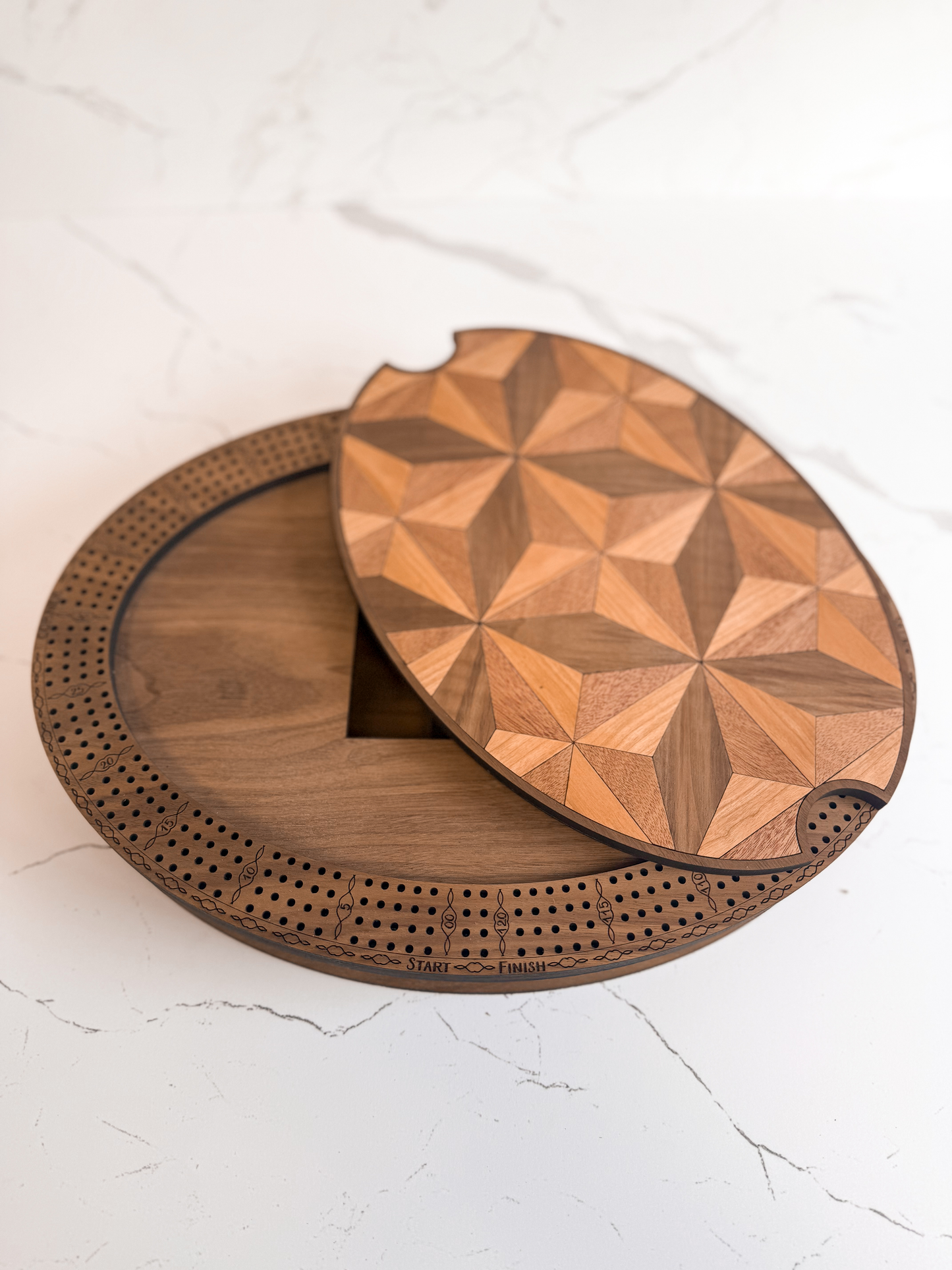 Geometric Inlay Crib Board | Premium Heirloom Game Table | Built-In Card & Peg Storage