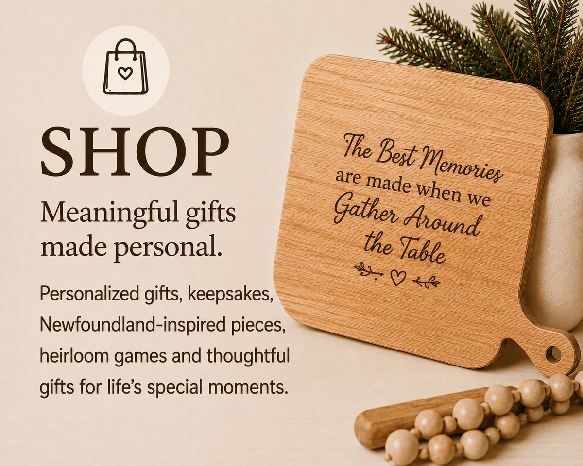Personalized gifts by Silver Lining Creations NL in Conception Bay South, Newfoundland, featuring an engraved wooden cutting board and meaningful keepsakes.