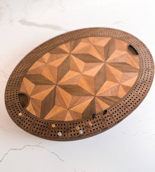 Geometric Inlay Crib Board | Premium Heirloom Game Table | Built-In Card & Peg Storage
