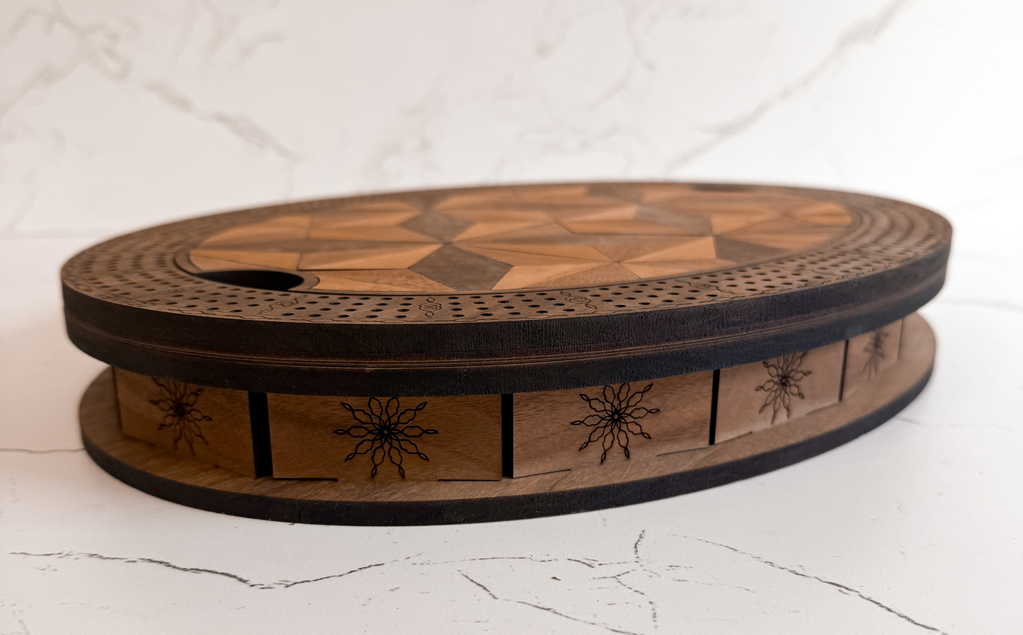 Geometric Inlay Crib Board | Premium Heirloom Game Table | Built-In Card & Peg Storage