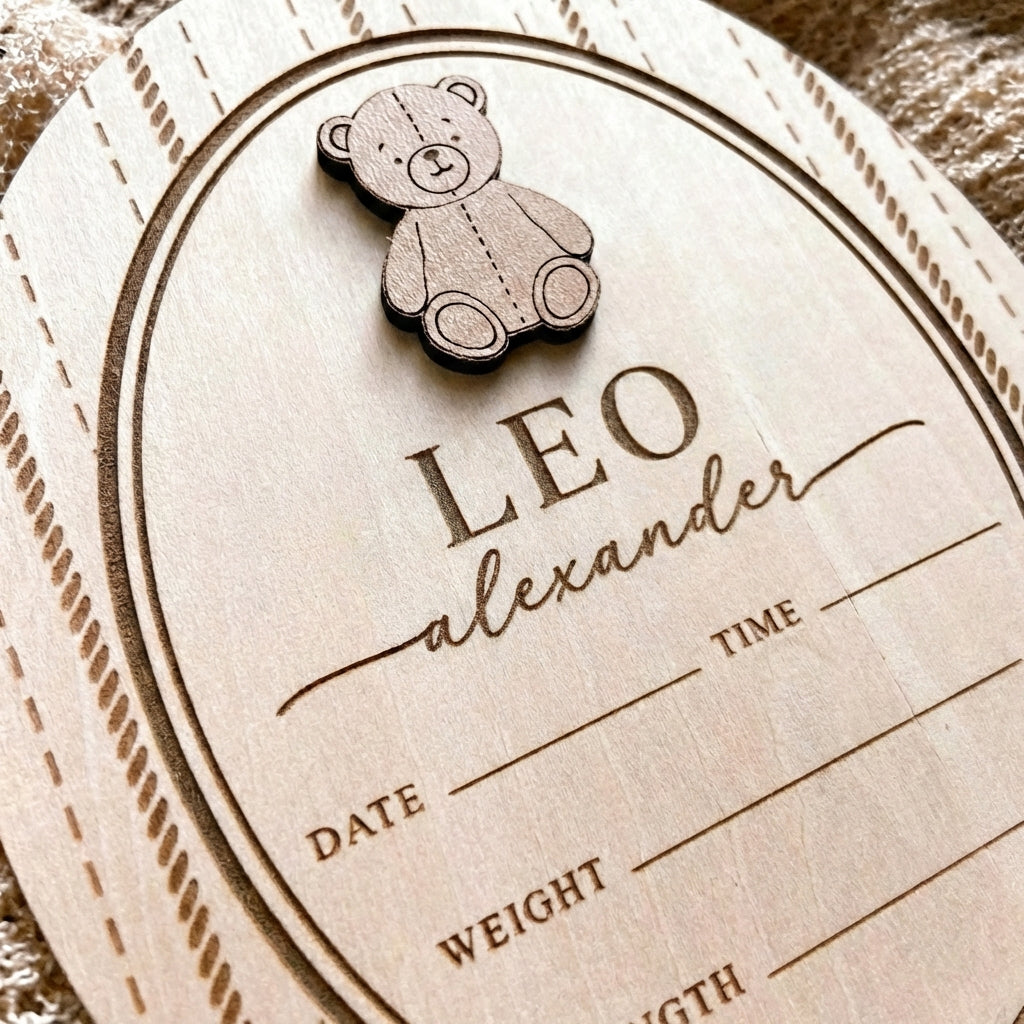 Personalized Wooden Birth Announcement Sign with 3D Teddy Bear – Custom Baby Name & Stats Keepsake