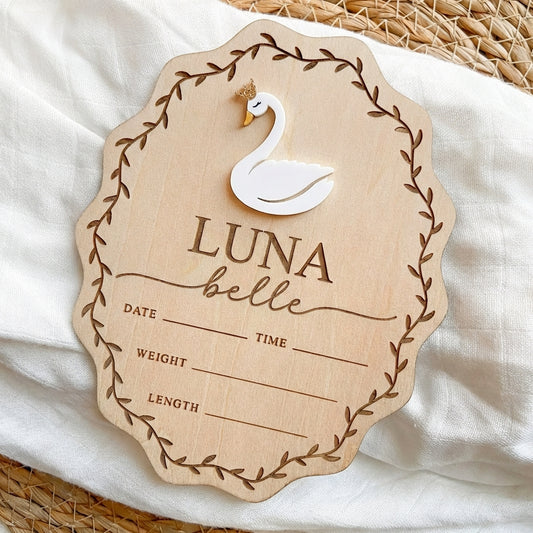 Personalized Wooden Swan Birth Announcement Sign – Scalloped Baby Name & Stats Keepsake