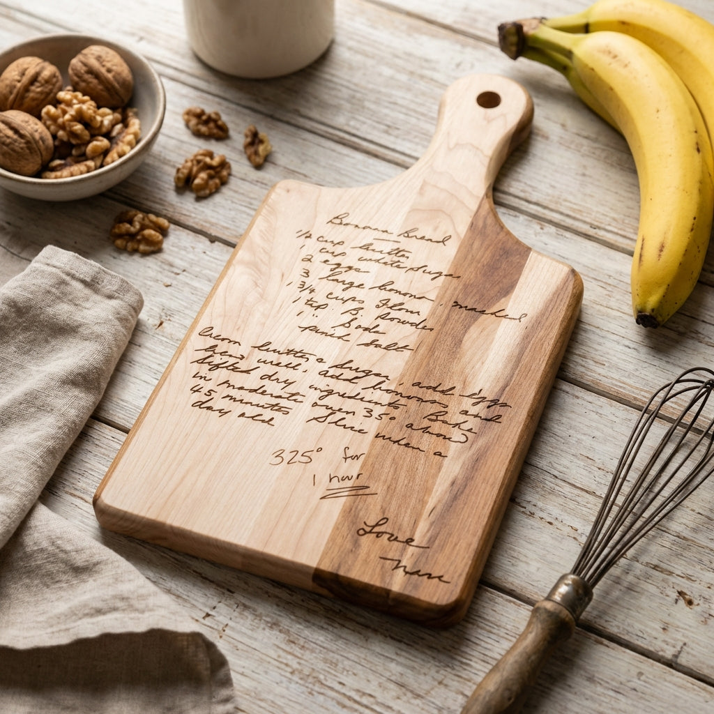 Personalized maple serving board engraved with an original handwritten recipe