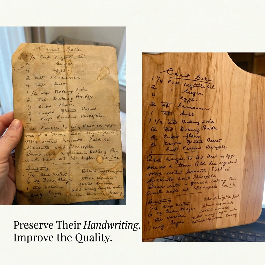 Original handwritten family recipe transformed into a personalized engraved maple serving board
