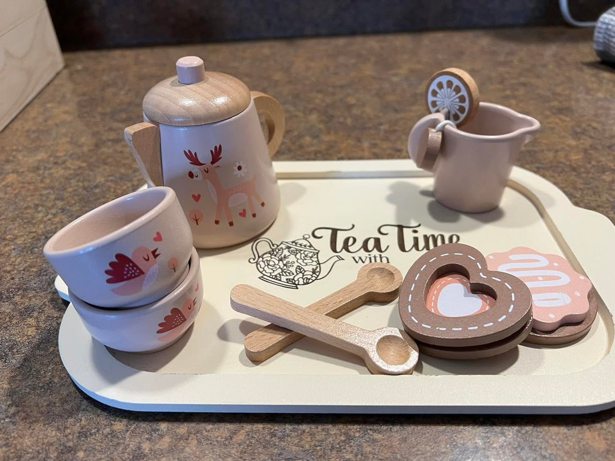 Little Tea Time wooden pretend tea set in pink