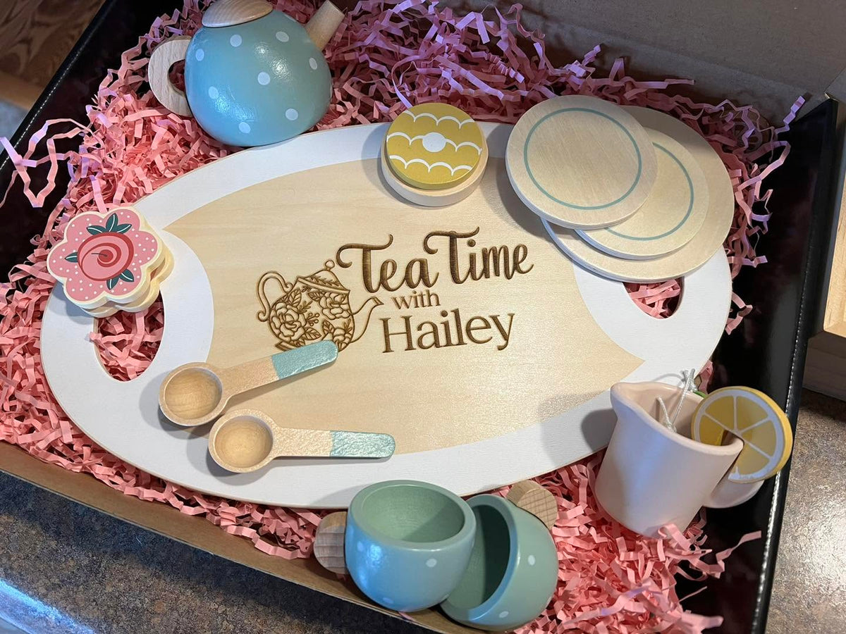 Little Tea Time wooden pretend tea set in teal