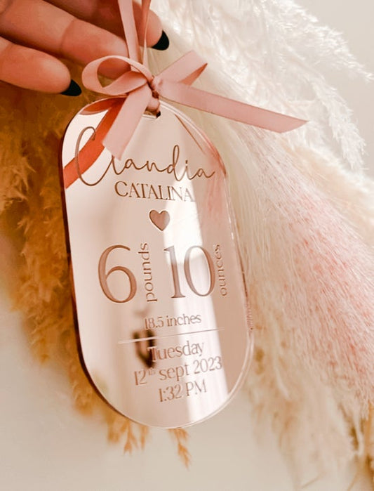 Engraved Baby Birth Announcement Ornament - Mirrored Acrylic Keepsake