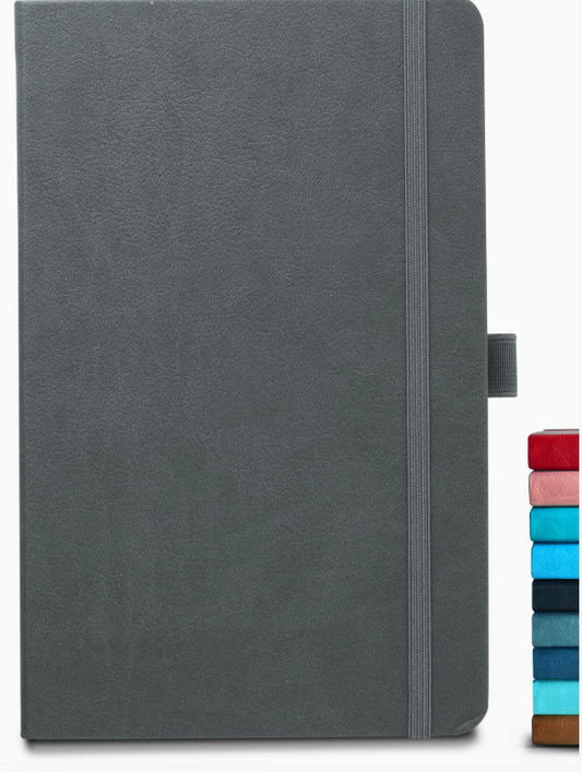 Grey personalized A5 vegan leather notebook with elastic closure band and pen loop