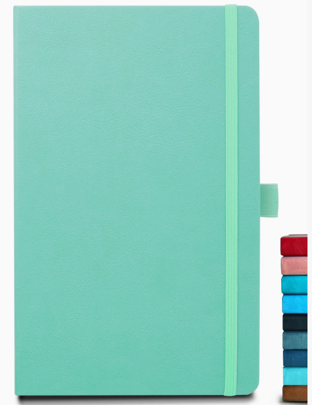 Mint green personalized A5 vegan leather notebook with matching elastic band and pen loop