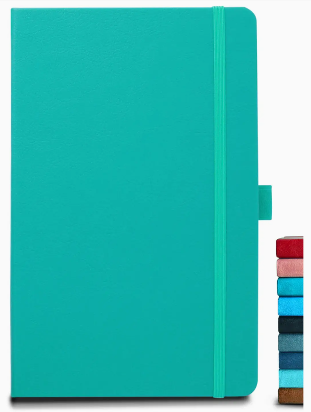 Turquoise personalized A5 vegan leather notebook with elastic closure and pen loop