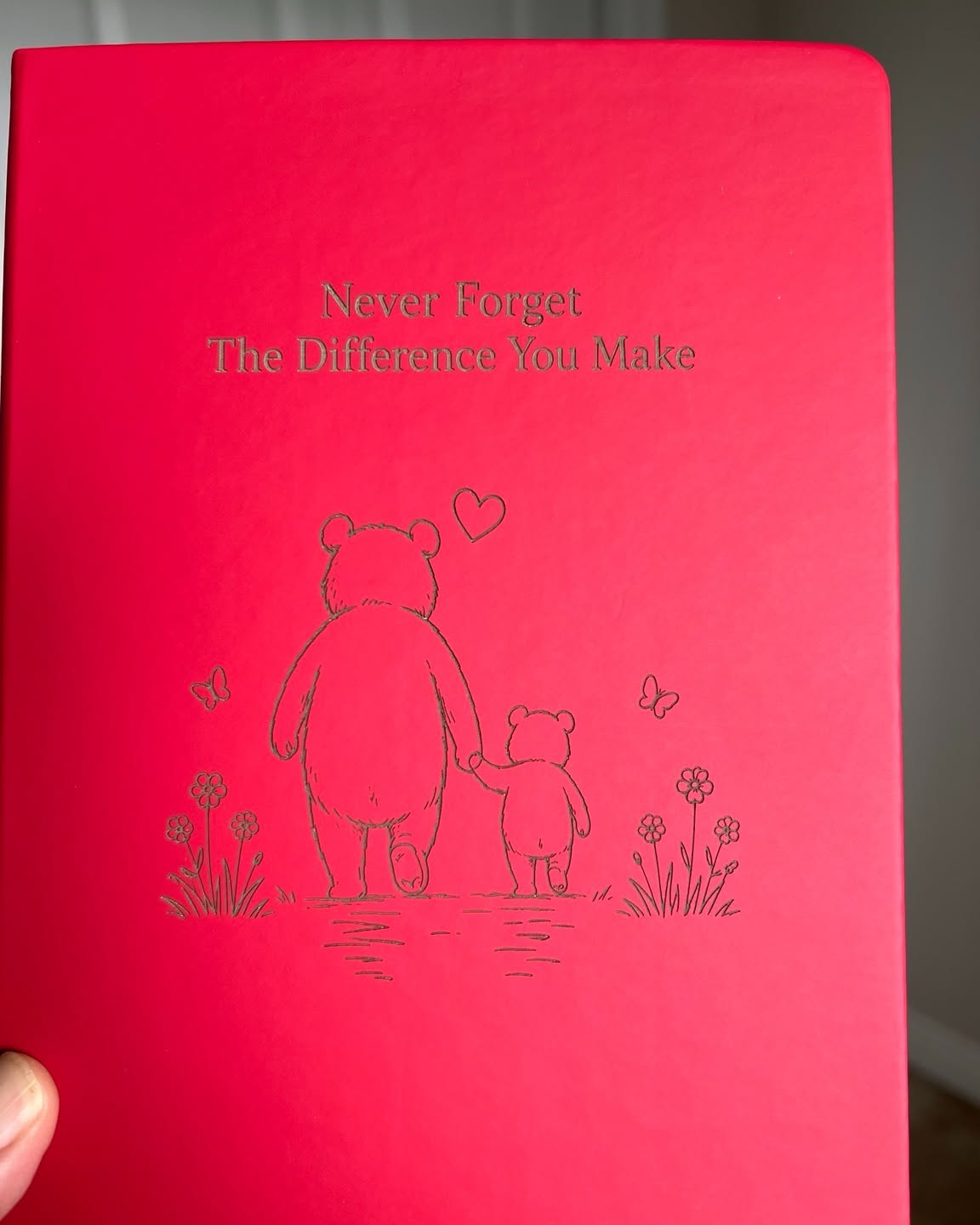 Red personalized journal engraved with Never Forget The Difference You Make design