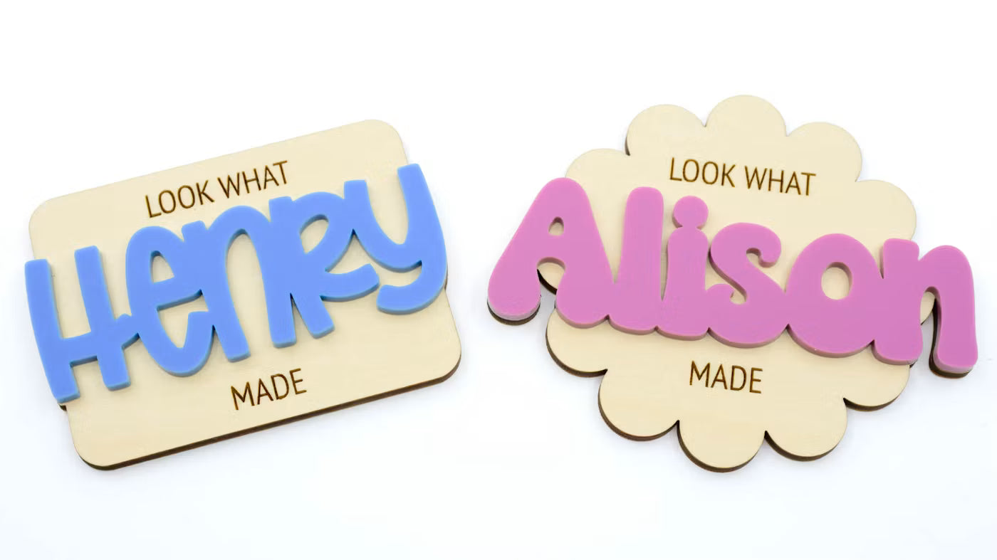 Personalized Look What I Made kids artwork magnets in rectangular and flower shapes