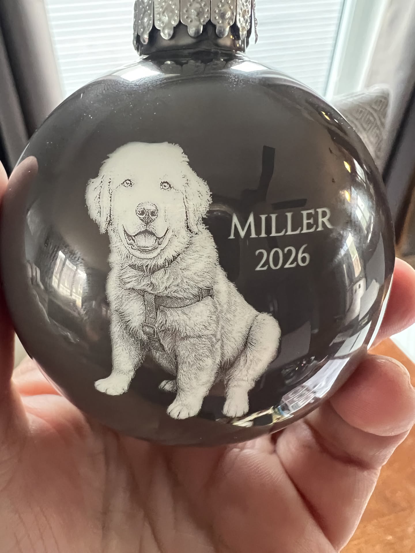 Personalized glass Christmas ornament engraved with a pet photo, name and year