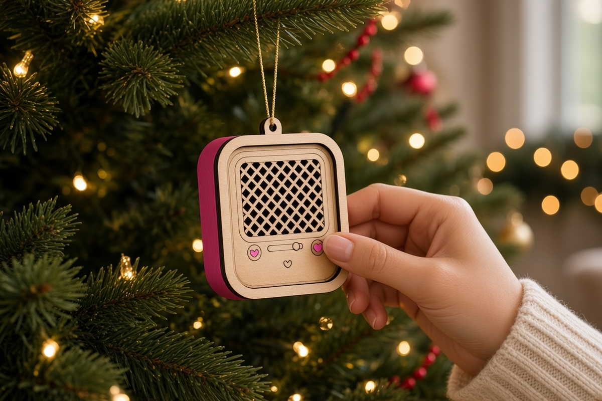 Personalized wooden voice recording Christmas ornament being played beside a Christmas tree