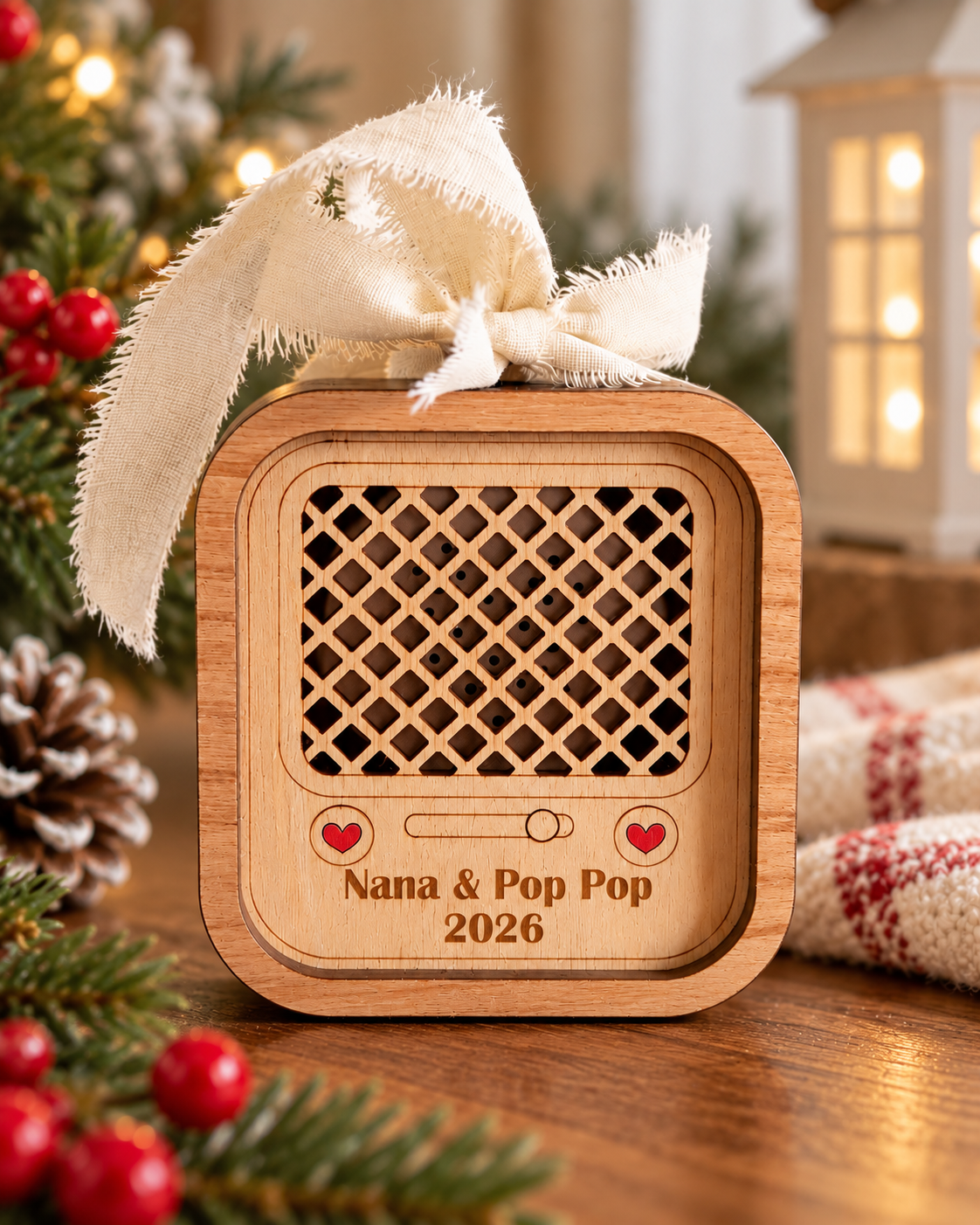 Personalized wooden voice recording Christmas ornament with name, age and year.